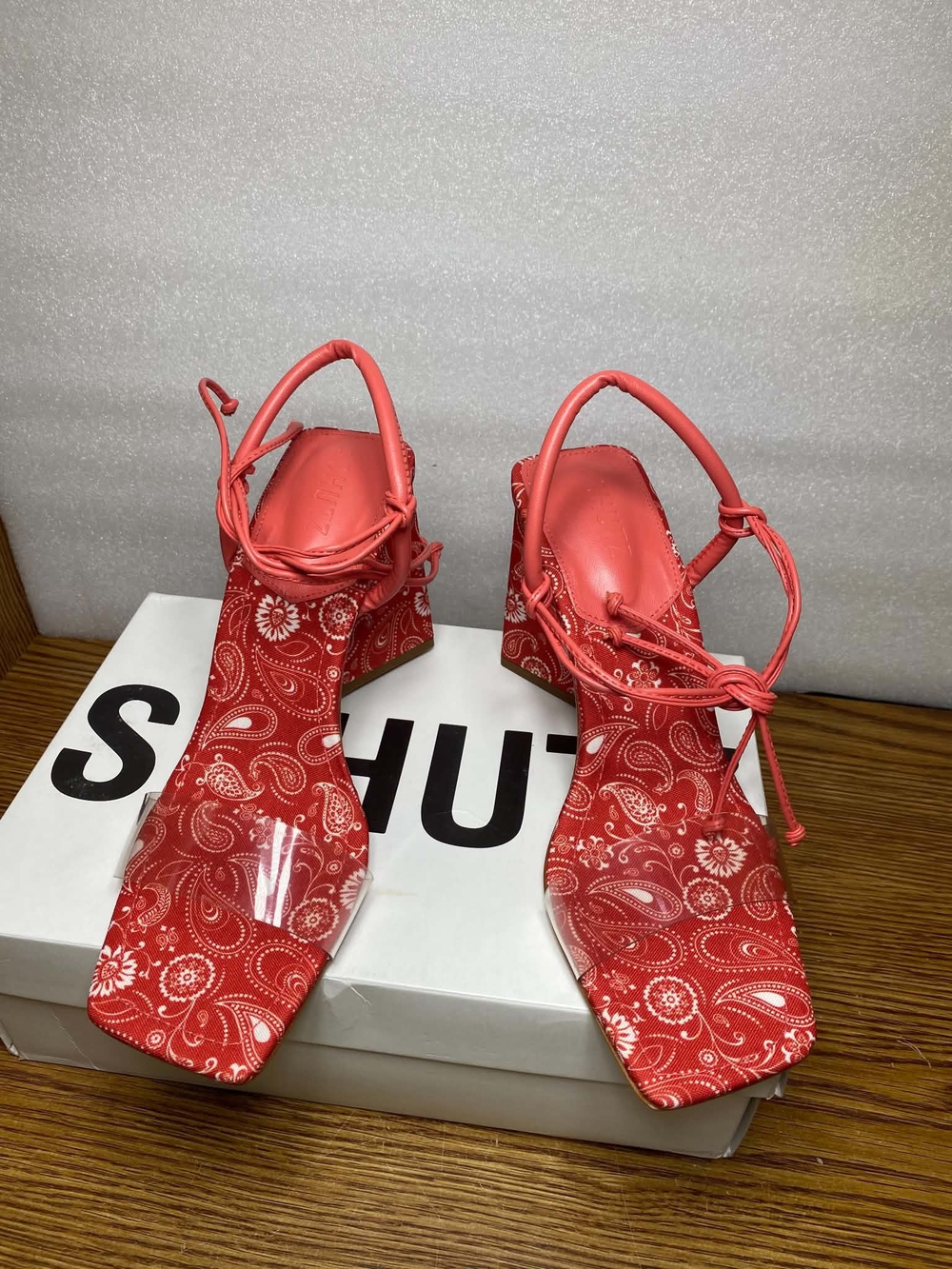 Schutz Red Paisley Block Heel Sandals Clear Strap Ankle Tie Square Toe 8.5B